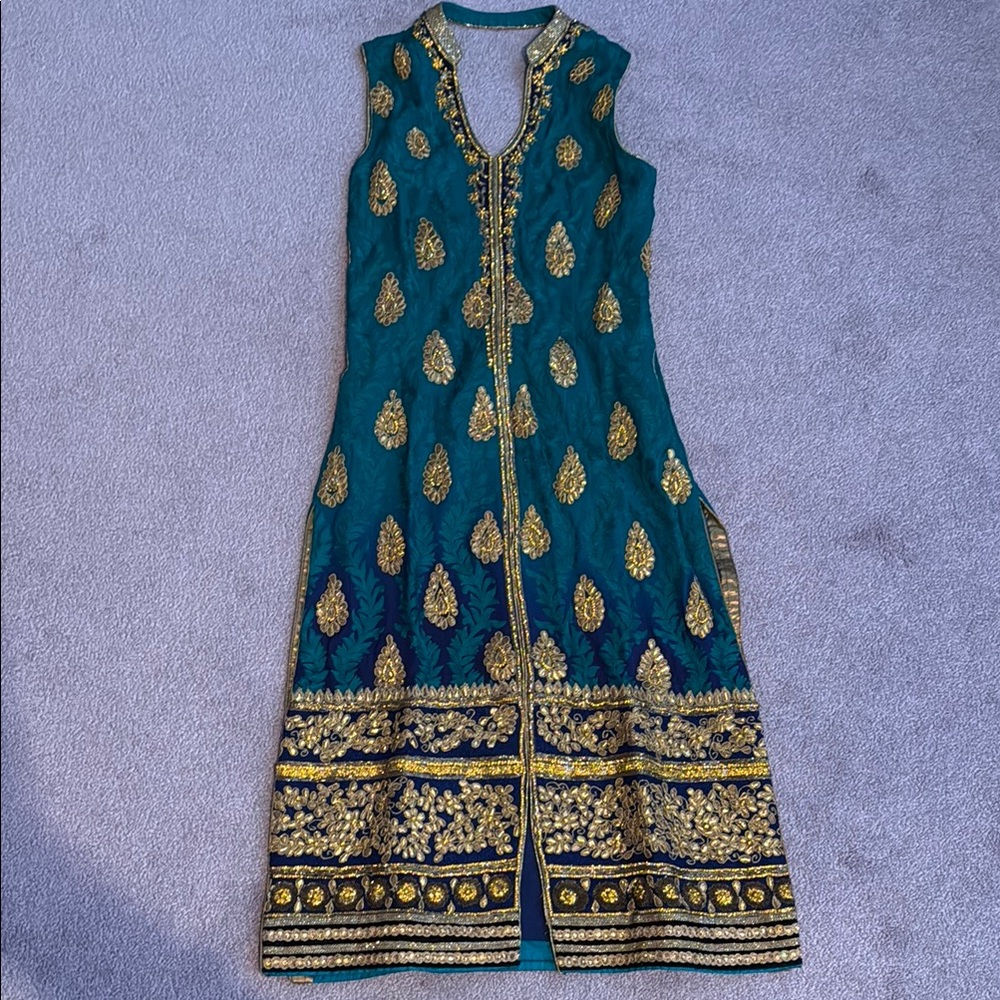 Elegant Teal and Gold Embroidered Dress